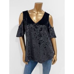 a.n.a. Women's Black Crushed Velvet Stretch Cold Shoulder Top Size XL